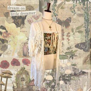 Entro White Sheer Boho Embroidered Lace Kimono Jacket Blouse M Cottagecore